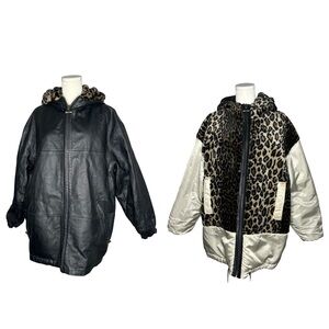 Vintage G III Black Leather Cheetah Fur Lined Hooded Reversible Jacket Size 1X